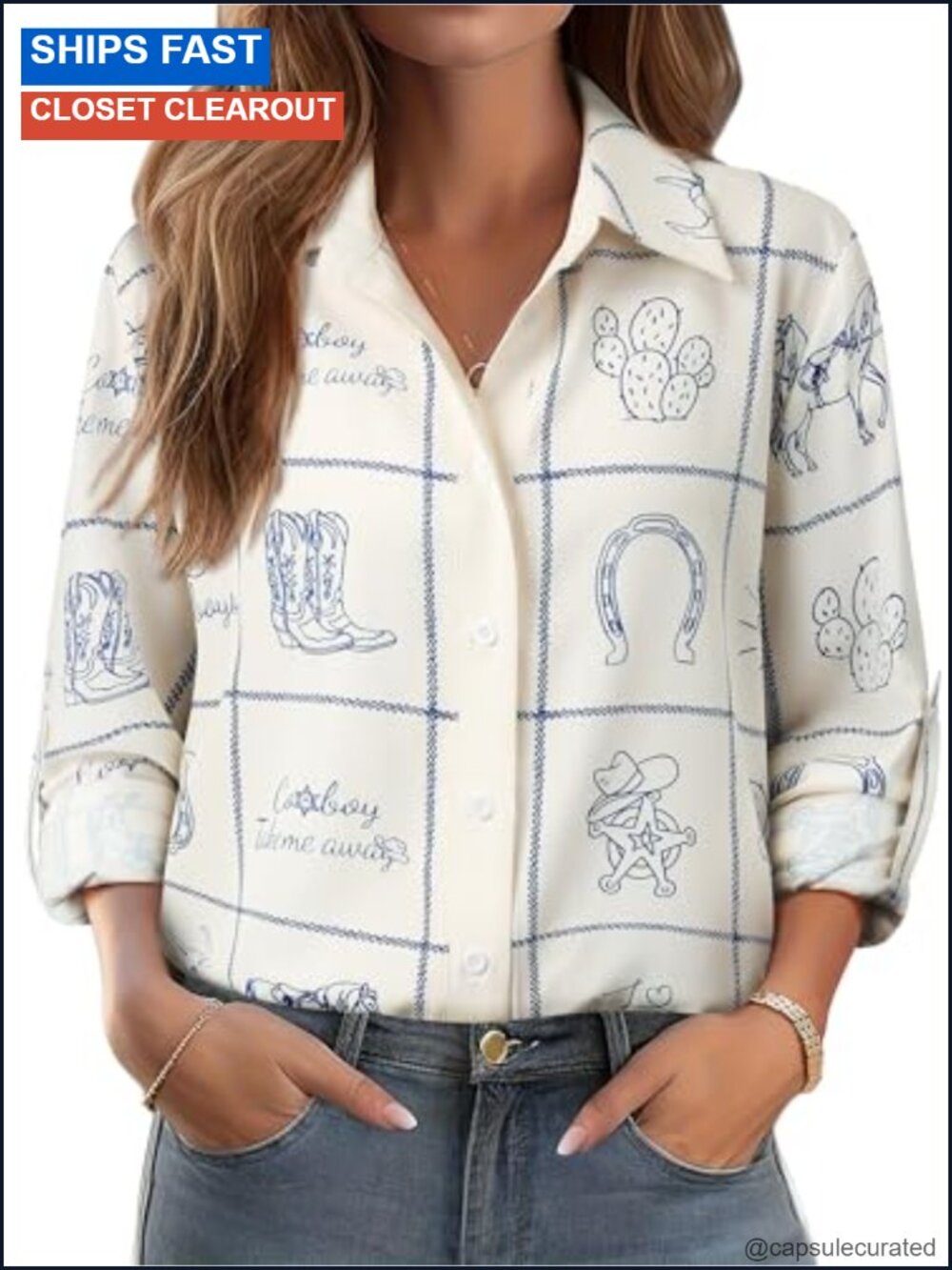 Women's Rodeo Western Cowgirl Print Button Down Shirt, 3/4 Sleeve